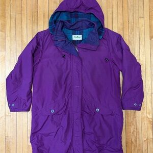VTG 90’s L.L. Bean Women’s Parka Purple Wool-Blend Plaid Lined Hood Sz. L/XL
